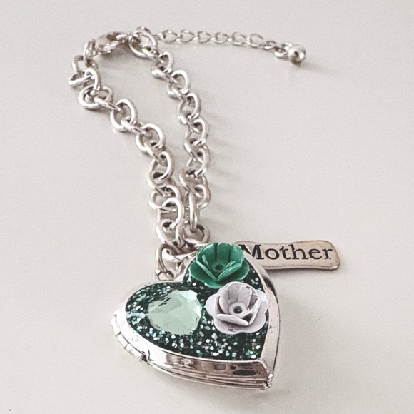 Silver Heart Locket Charm Bracelet with 3D & Crystal Accents, Gift to Mother💚 - Picture 5 of 6